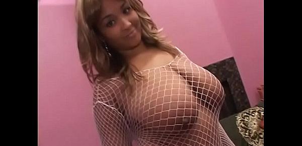  Ebony chick in white fishnet outfit with big tits and big butt Nikki spreads her legs for huge stallion of horny blanket-ass